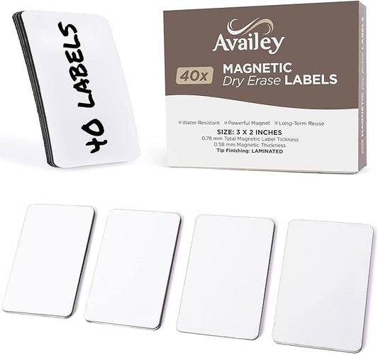 Availey 40 Pieces (3 x 2") - White Magnetic Dry Erase Labels - Reusable Strips for Classroom Home Office Garage - Refrigerator Blank Writable Erasable Cards - Name Tags Students Locker Shelf