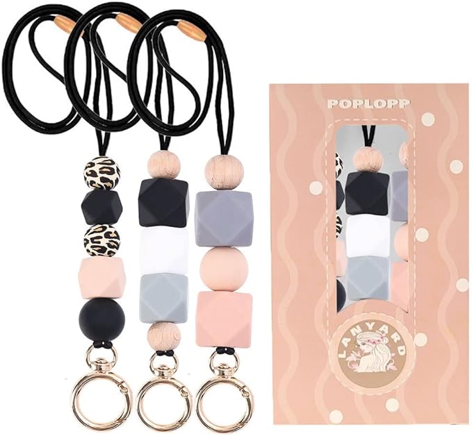 POPLOPP 3PCS Teacher Lanyards for ID Badges and Keys, Cute Silicone Beaded Lanyard for Women Nurse Employees Students