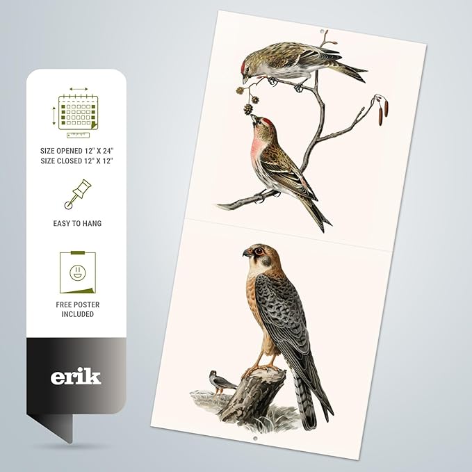 Birds Wall Calendar 2025 12" x 12" FSC® Plastic Free - Starts Week On Sunday | Square Wall Calendar | Family Planner Calendar 2025 | Vintage Calendar 2025