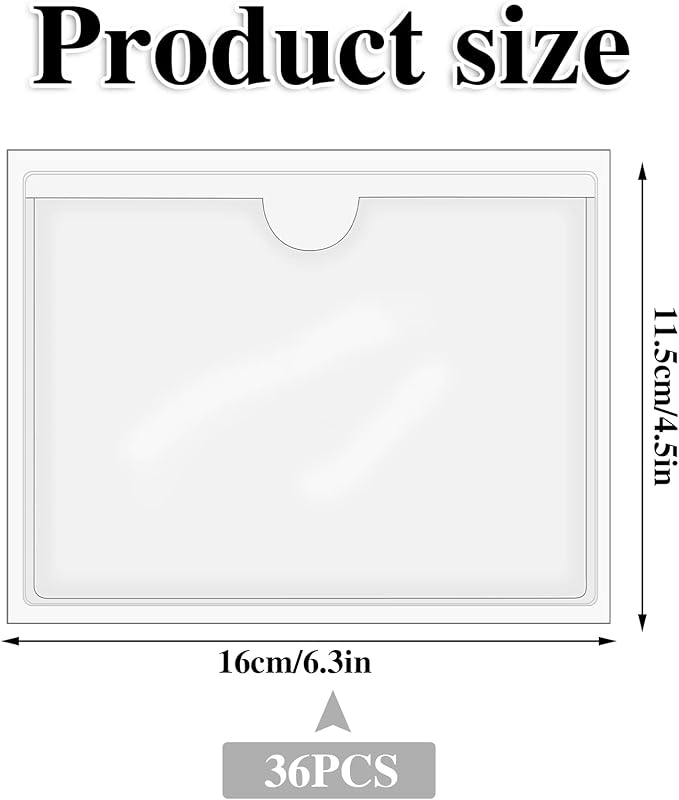 36 Pack Adhesive 4" x 6" Index Card Pockets with Top Open for Loading, Clear Plastic Labels Holders for Organizing, Storage Bins, Library Card, Totes, Shelves