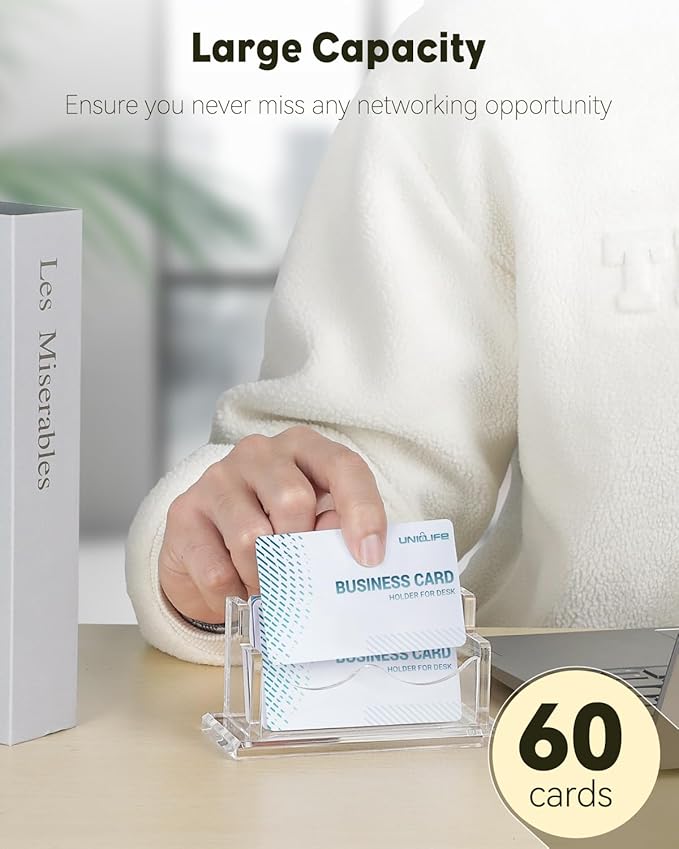 Uniclife Acrylic Business Card Holder for Desk 1 Slot Clear Horizontal Business Card Display Stand for Men and Women Desktop Name Card Organizer Card Stand for Office Home Exhibition, 60 Card Capacity