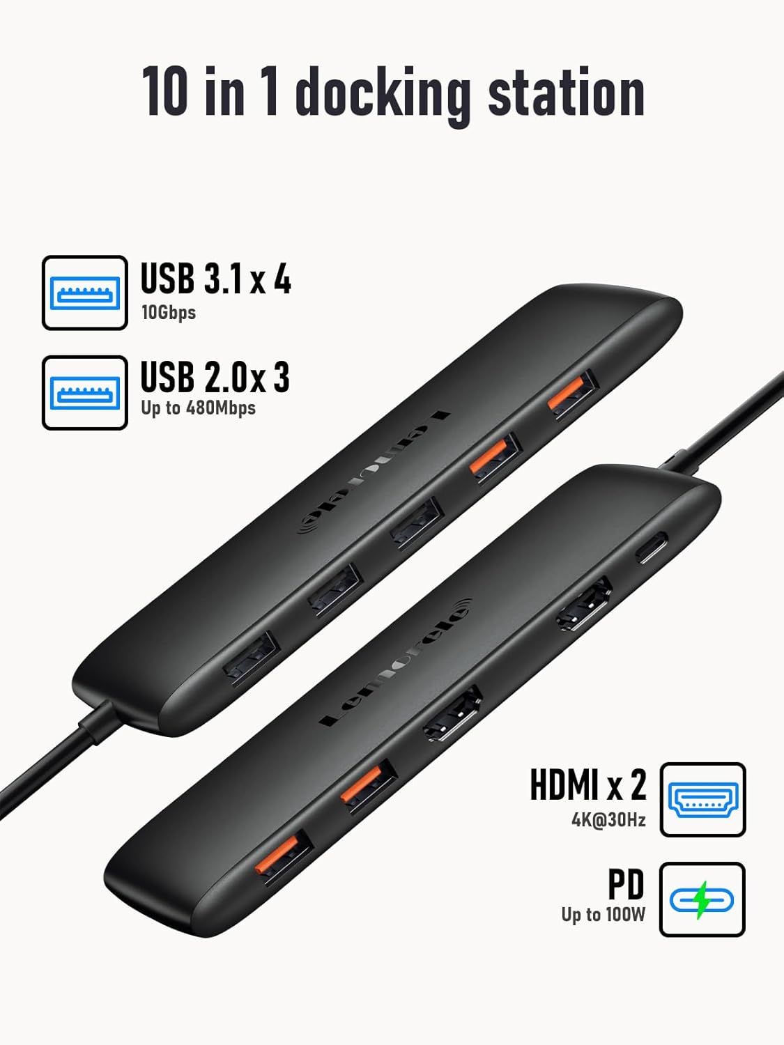 Lemorele 10 -in-1 USB C Docking Station for Laptop Dell Mac HP Lenovo, 10Gbps USB C Hub with 2 HDMI 4K, 4*USB 3.1 10Gbps Data Port, 100W PD Charging, 3 USB 2.0 for Keybord, Mouse