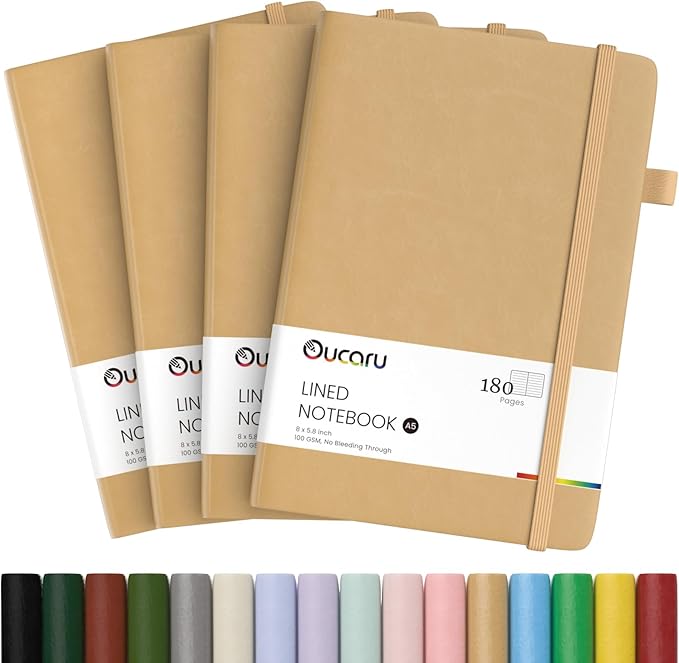 Lined Journal Notebook, 4 Pack, 180 Pages, A5 Journals for Writing, 100 GSM Thick Paper, Small Notebooks Daily Journal for Women Men Work, Business, School, Travel Supplies