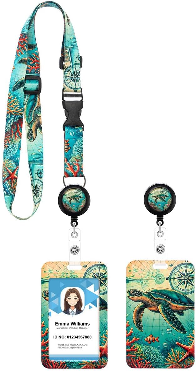 Sea Turtle Lanyard with Retractable Badge Reel and ID Badge Holder, Adjustable Lanyard Badge Nature Lovers, Teachers, Nurses, and Professionals