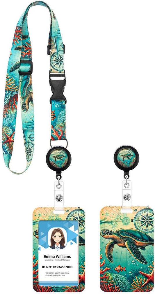 Sea Turtle Lanyard with Retractable Badge Reel and ID Badge Holder, Adjustable Lanyard Badge Nature Lovers, Teachers, Nurses, and Professionals
