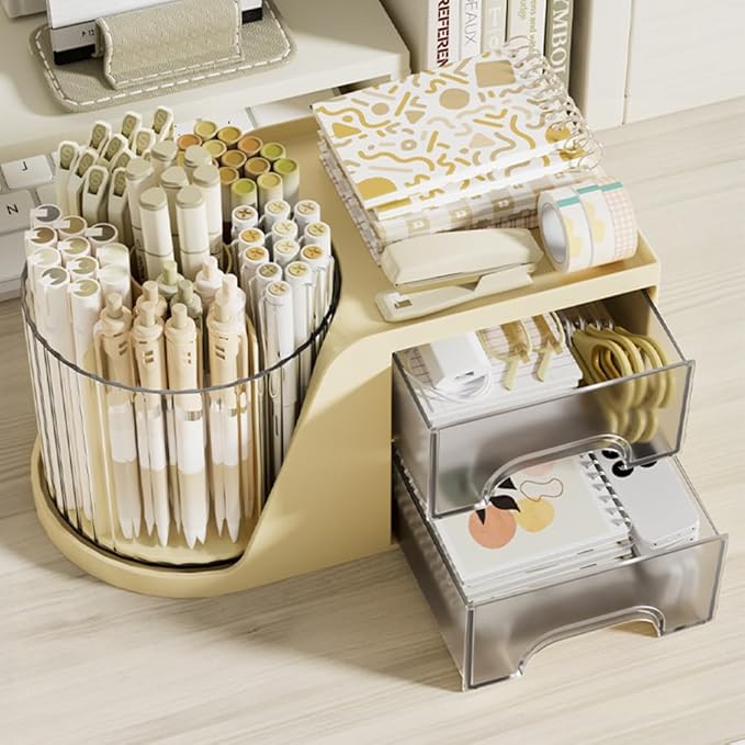 360 Degree Turntable Pen Holder Office Desk Organizer Pencil Holder for Desk Multi-Functional Pencil Pencil Cup Desktop Stationary Organizer Storage for Office School (Beige-with Drawer)