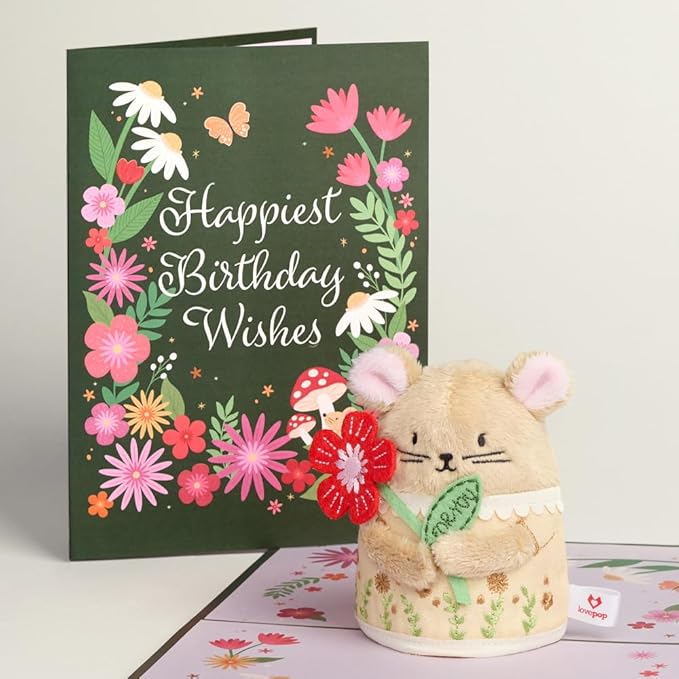 Lovepop Plushpop Soft Animal Pop-Up Card for Her and Him - 3D Birthday Mouse Greeting Card for Boys, Girls, Men, Women - Happiest Birthday Wishes' Floral Field - 6" x 8" Card