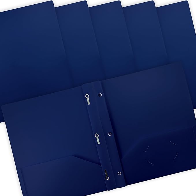 Better Office Products Blue Plastic 2 Pocket Folders with Prongs, Heavyweight, Letter Size Poly Folders, 24 Pack, with 3 Metal Prongs Fastener Clips, Blue