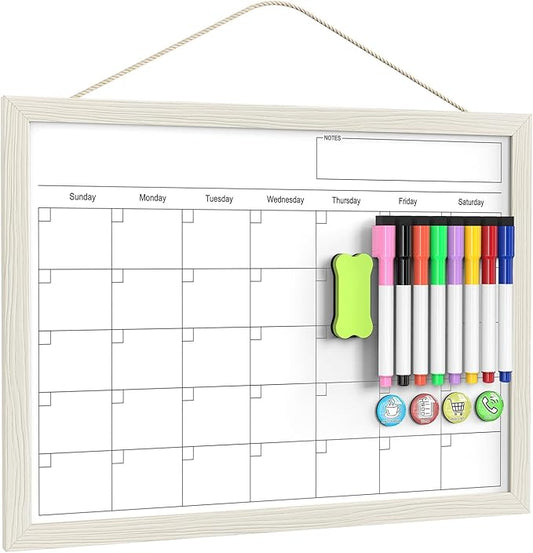Calendar Whiteboard for Wall, TANKEE 17x13 Inches Dry Erase Calendar, Magnetic Small White Board with Wood Frame, Hanging Dry Erase Board for Wall Kitchen Home Office Planner