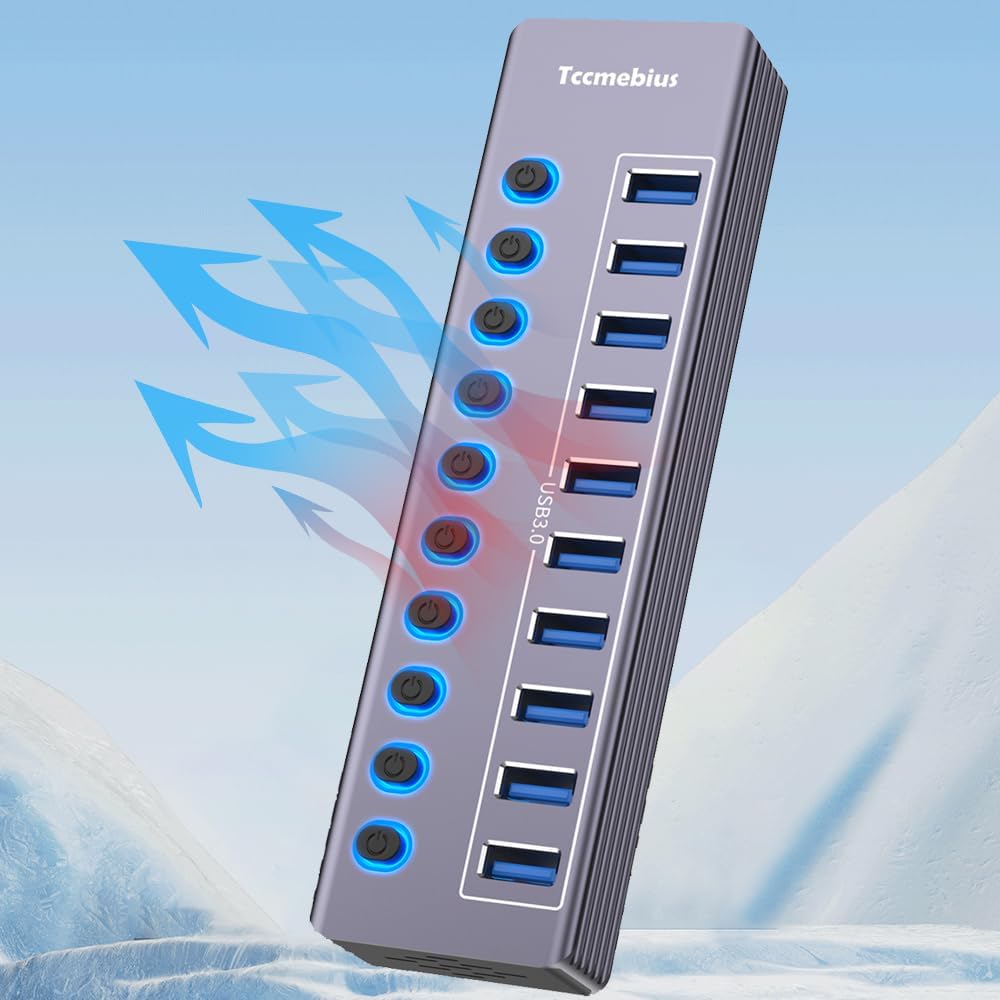 Powered 10-Port USB 3.0 Hub, USB C to 10 Ports USB Data Hub Splitter with Individual LED On/Off Switche, 3.3FT Cable, 12V/3A Power Adapter, for Laptop MacBook Pro/Air PC (Aluminum Gary)