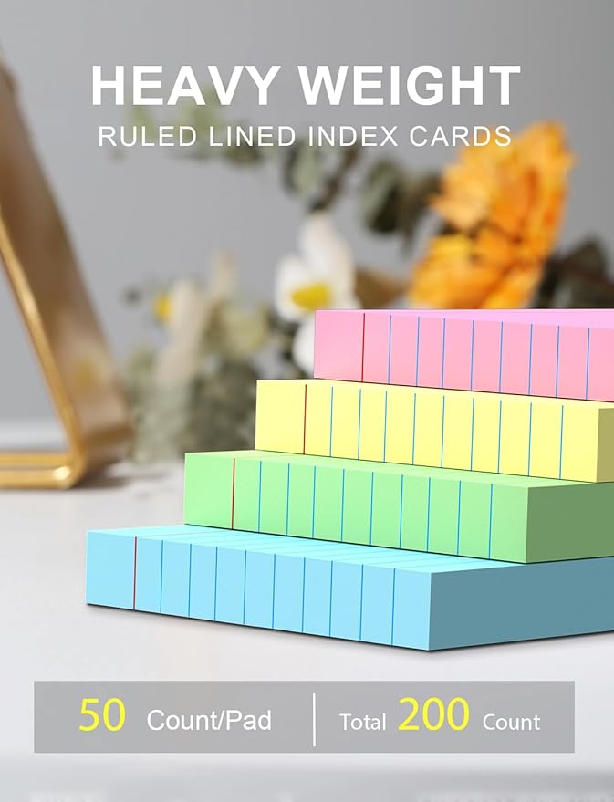 Colored Index Cards 3x5 Inch - 200 Pack, Ruled Index Flash Cards for Studying, Lined Index Note Cards 3" x 5" with Colorful, Heavy Colored Flashcards 3x5 Notecards for Office, Home and School Supplies