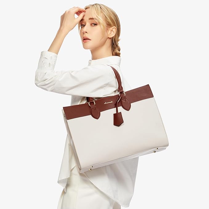 LOVEVOOK Laptop Tote Bag for Women, 15.6 inch Work Bag Purse, Waterproof Leather Women Business Office Briefcase, Beige-Brown