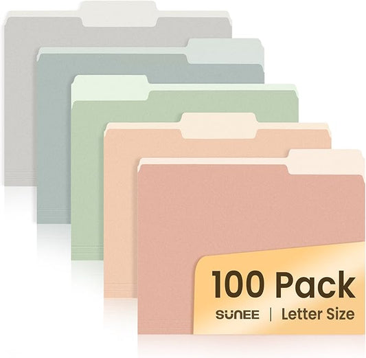 SUNEE File Folders Letter Size Pastel Colors, 100 Pack Manilla Folders 8.5 x 11 1/3-Cut Tabs, Colored File Folders Office Home School for Documents Files Paper