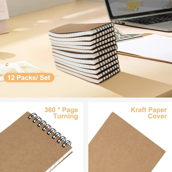 Pocket Notebooks Set of 12, Small 3x5 Spiral Notepads, Office Style Mini Notebook, Small Notepad Pocket Size, Memo Pads for Home, College, Work or School - Lined College Ruled Paper