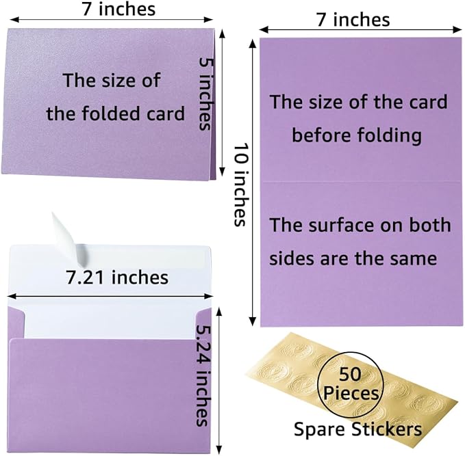 Wishop 50 Pack Shiny Self-Adhesive Envelopes with Shiny Fold Cards for Wedding Invitations, Greeting Cards, Baby Shower, Letter Mailing (Light Purple, 5x7)