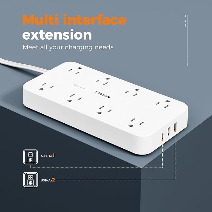 Power Strip with Surge Protection, TESSAN Flat Plug Extension Cord with 8 Outlets 3 USB Ports(1 USB C), 1080J Wall-Mounted Charging Station for Apartment Office School Dorm Room Essentials