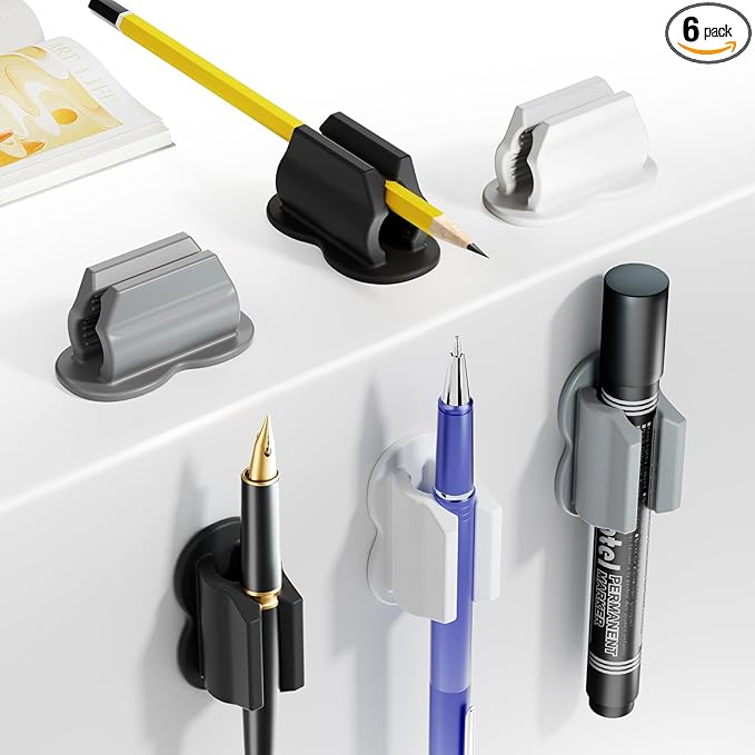 2025 New Pen Holder, 6 Pack Upgraded Adhesive Pencil Holders for Wall & Desk, Marker Holder, Pen Holder for Clipboard, Teacher Supplies for Classroom kids Desk Accessories Clips Holder