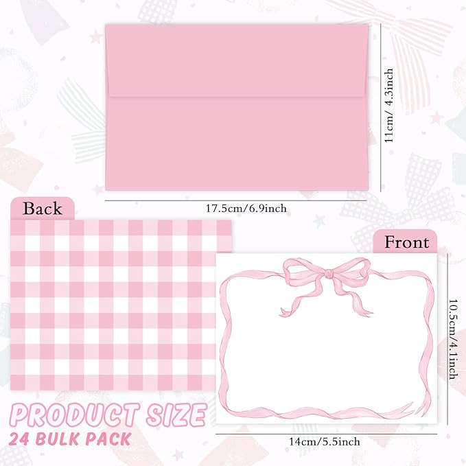 24 Pack Bow Stationery Cards with Envelops Blank Thank You Note Cards Cute Pink Ribbon Bow Plaid Greeting Cards for Wedding Birthday Bridal Baby Shower