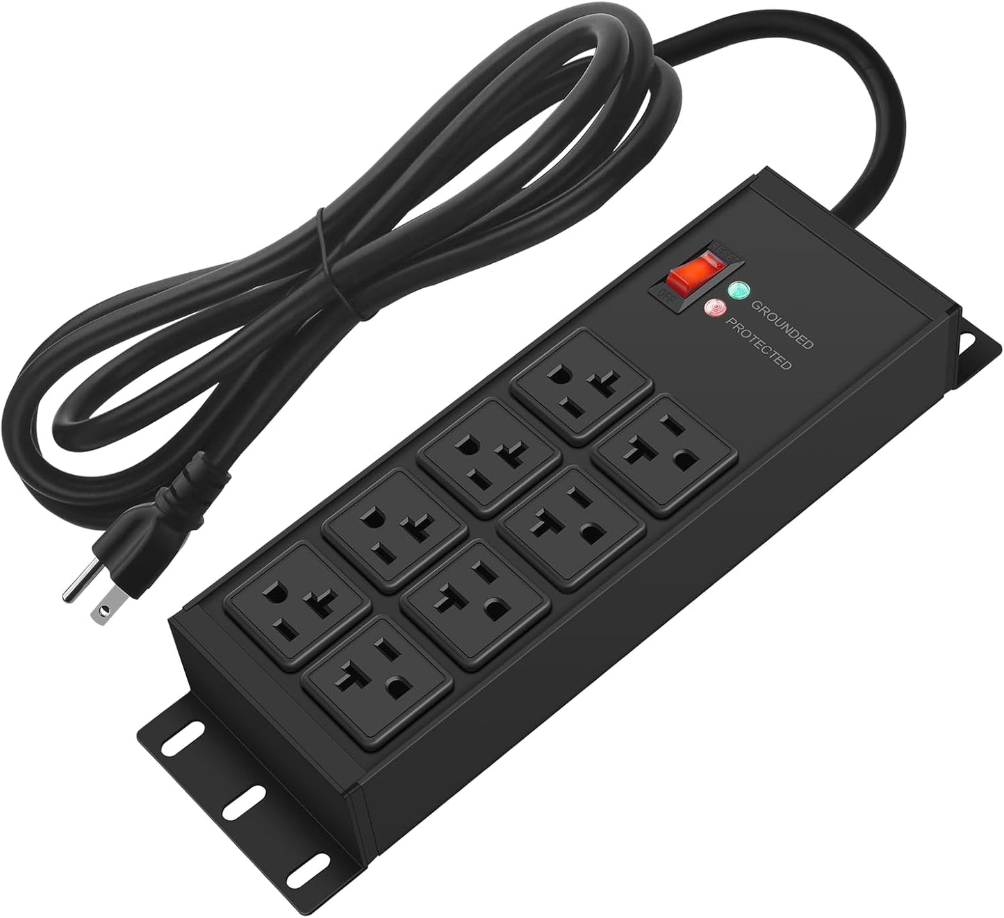 CCCEI Magnetic Heavy Duty Power Strip Surge Protector 20Amp, 12 Gauge High Amp Extension Outlets, Garage Wall Mount 8 Plug Metal Power Strip. 25FT, Black, 5-15P Adapter 6-20R T-Slot 20a for Appliance