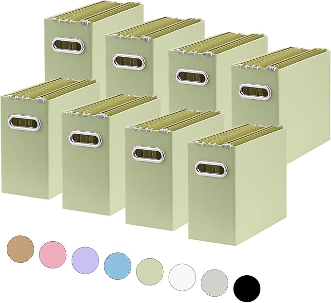 Oterri File Organizer, Small Storage Box, Cardboard File Folder Organizer, Collapsible File Box, Hanging File Organizer for Letter Size, Portable File Box with Handle, Only Box（Green，8 Packs）