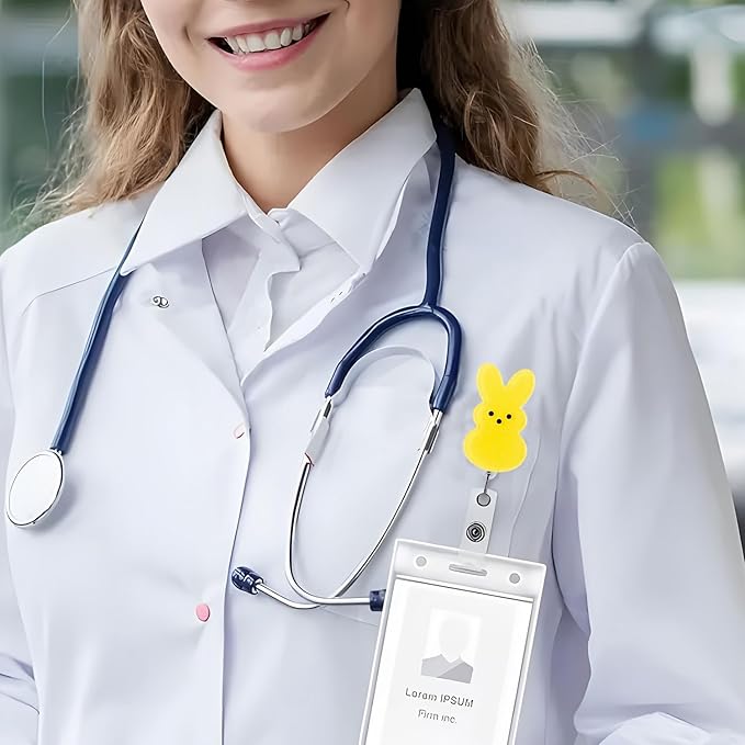 Bunny Badge Reels Easter Badge Holder Yellow Rabbit Nurse Badge Reel ID Name Alligator Acrylic Clip Cute Easter Gift for Nurse Office Employee Name Badge