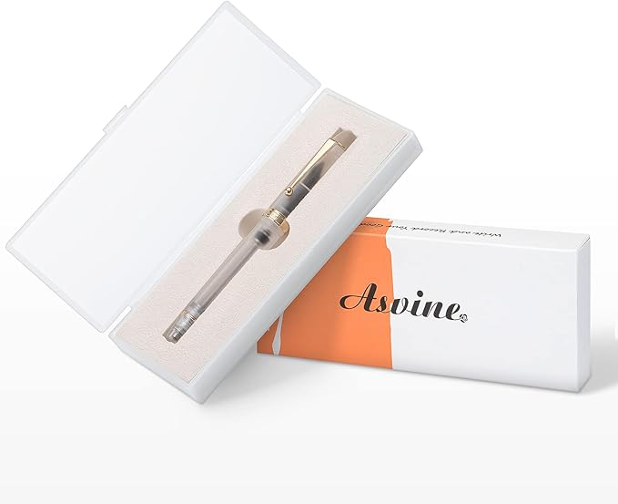 Asvine V126 Vacuum Filling Fountain Pen Gold Plated Fine Point, Frosted Transparent Clear Acrylic Pen Gift Case