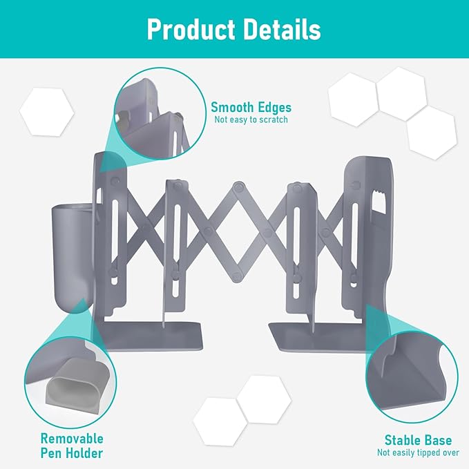 SAYEEC Adjustable Bookends with Pen Holder Expandable Book Ends for Heavy Books Plastic Desk Book Holder Book Stopper Bookcase Magazine Binder Organizer Rack for Shelves Office School Home (Grey)