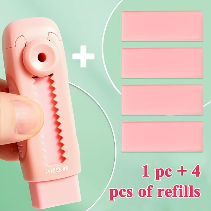 M&G 4+1 Pack Rubber Pink Erasers Sliding Retractable Eraser, Soft Cute Erasers Push Pull Large Pencil Erasers with Plastic Sleeve 4 Refill Eraser for School Students Kids Office Home Supplies