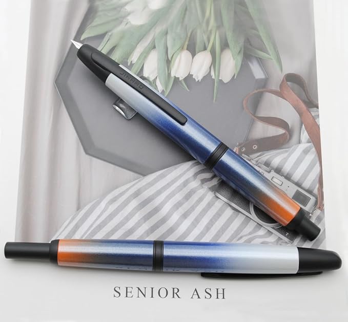 JINHAO 10 Press Fountain Pen, Retractable Metal Pen with Ink Converter (F Nib 0.5mm, Gradient Dark Blue - Black Clip)