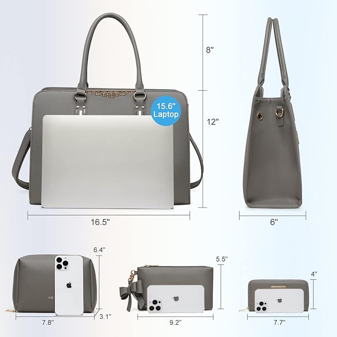 Keyli 4pc Sets Laptop Bag for Women Large Leather Laptop Briefcase with USB Charging Port Computer Shoulder tote Bags Purse