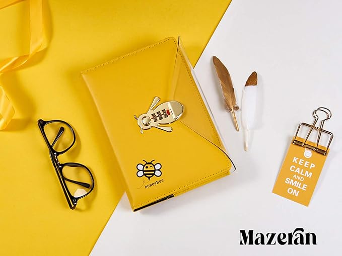 Mazeran Bee Shaped Combination Lock Journal, PU Leather Hard Cover Notebook Cute Diary, Thick A5 Lined Password Locking Personal Planner Secret Organizer Gift for Girls Women Daughter
