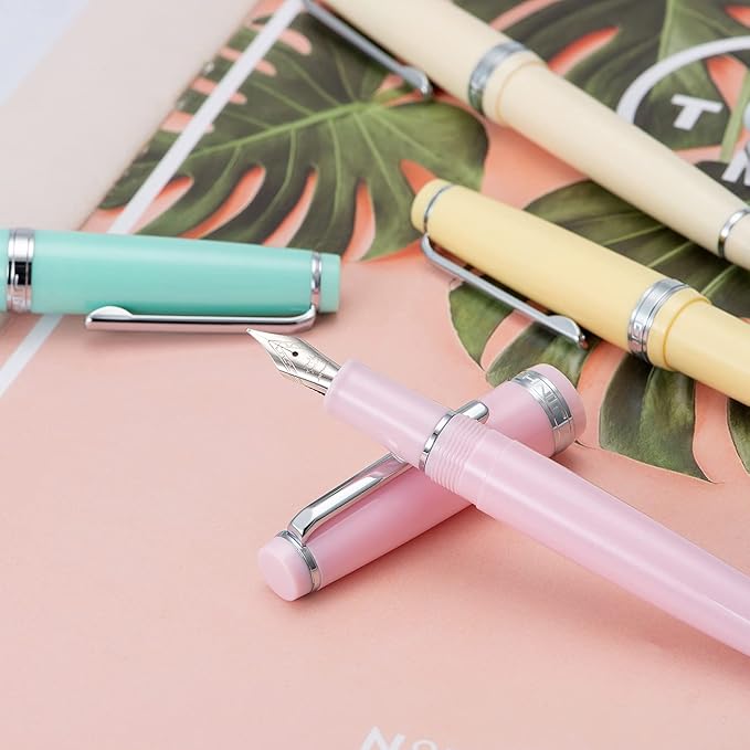 Jinhao 82 Pink Acrylic Fountain Pen, Iridium Medium Nib Classic Design Smooth Writing Pen with Ink Converter (Silver Trim)