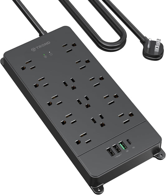 TROND Surge Protector Power Strip, 5ft Heavy Duty Extension Cord with 32W USB C & QC 3.0 Charger, 4000 Joules, ETL Listed, 13 Wide Spaced Outlets, Flat Plug, Wall Mount for Home Office Supplies, Black