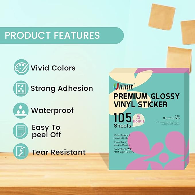 Uinkit 105 Sheets Premium Printable Vinyl Sticker Paper for Inkjet Printer Cricut,included 100Sheets Glossy and 5Sheets Transparent Label Waterproof Adhesive Dries Quickly Tear-Resistant, Removable