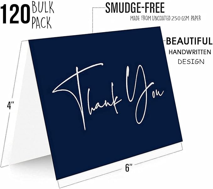 120 Classy Navy Blue Thank You Cards Bulk- professional Thank U Greeting Notes, Blank Inside with matching Brown Kraft Envelopes & Stickers Perfect for Wedding, Business,Graduation & Much More.