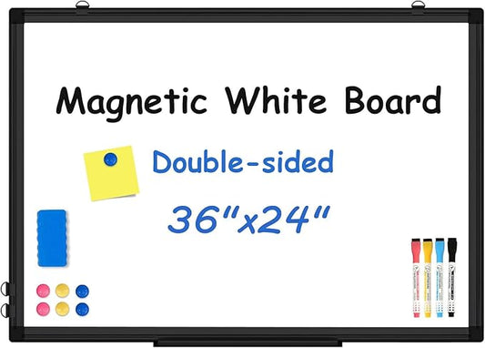 Double-Sided White Board Black Aluminium Frame, 36" x 24" Dry Erase Board Magnetic Whiteboard for Wall, Hanging Mounted Whiteboard Home, School, Office, Kitchen