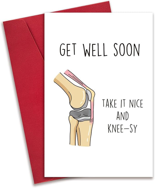 Funny Get Well Soon Knee Card for Friends, After Surgery Recovery Gifts for Women Men, Hilarious Get Better Card for Him Her, Take It Nice and Knee-sy Card
