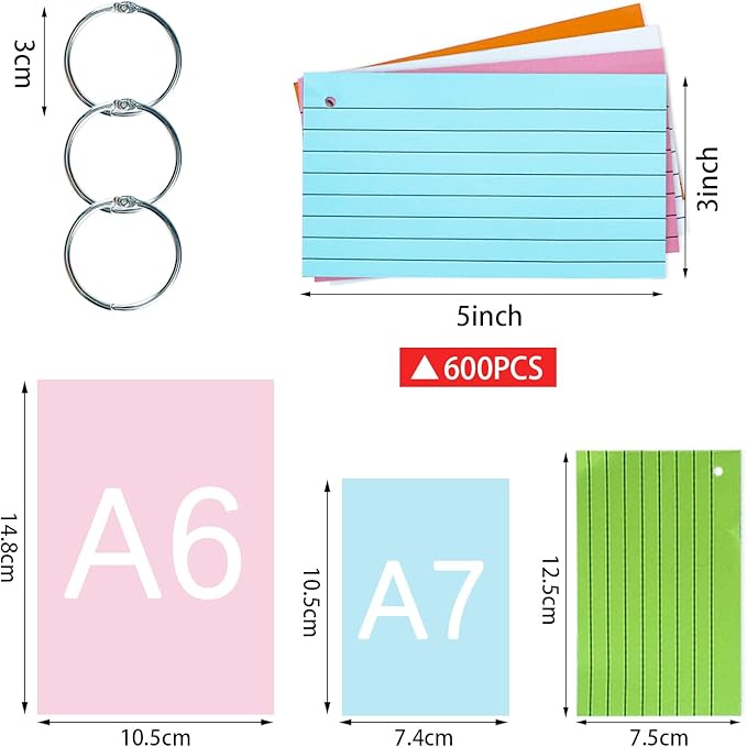 TFLFL Index Cards 3x5 Inch, 600PCS Flash Cards with Rings 8 Colors Ruled Index Cards, Assorted Lined Colored Flashcards, Thin Note Cards Paper, Study Card Memo Scratch Pad for Home Office School