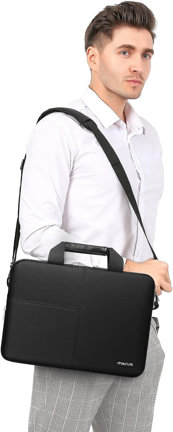 MOSISO Laptop Shoulder Bag Compatible with MacBook Air/Pro,13-13.3 inch Notebook,Compatible with MacBook Pro 14 inch 2023-2021,Polyester Briefcase with Front 3 Rectangle Separate Pockets & Belt, Black