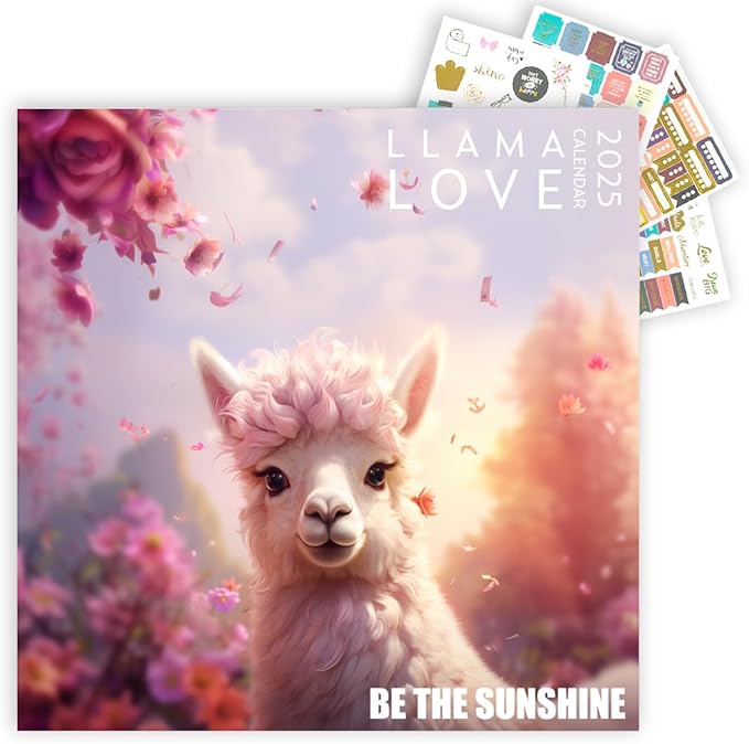 Llama Love Calendar 2025 with Sticker Pack, 12 x 12 inch, Inspiration Quotes, Llama Gift, Llama Wall Calendar and Sticker Set