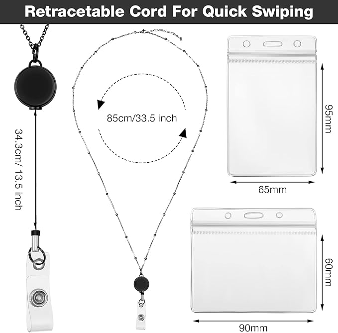 Outus 2 Pieces Badge Lanyard with ID Holders Stainless Steel Badge Holders Necklace Retractable Reel Clip Chain Water Resistant Name(Gold, Black)