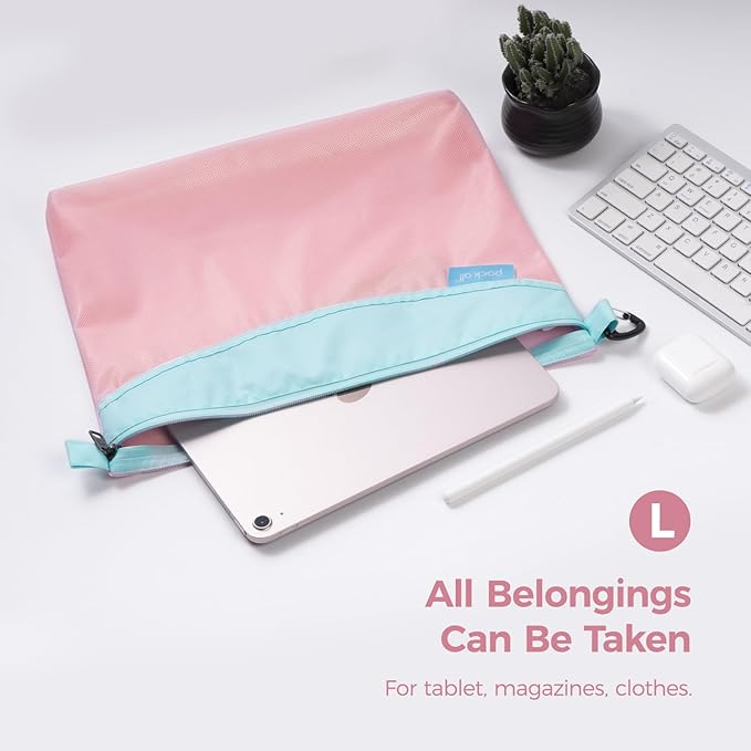 pack all 3 Pcs Water-Resistant Material Zipper Pouch Set, Mesh Zipper Bags for Storage, Travel, Office (Pink)