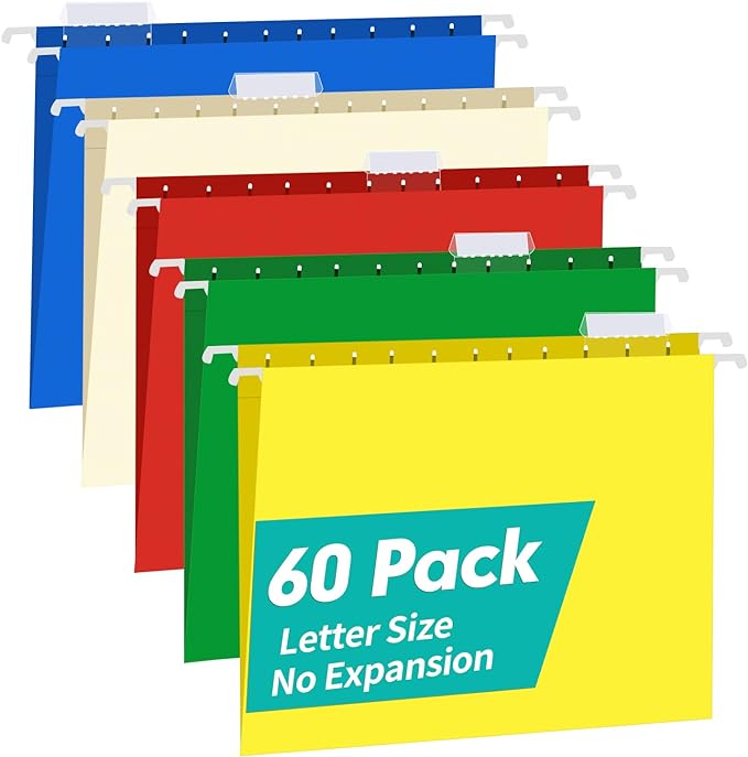 HERKKA Hanging File Folders, 60 Pack Reinforced Letter Size Hanging Folders with Heavy Duty 0 Inch Expansion, Designed for Bulky Files, Medical Charts, Adjustable Tabs, Assorted Colors