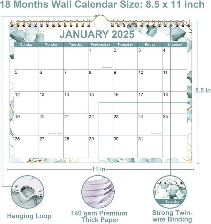 Calendar 2025, Wall Calendar from January 2025 - June 2026, 18 Months Calendar with Premium Paper, Twin-Wire Binding & Hanging Hook, 8.5" x 11", Green Leaf
