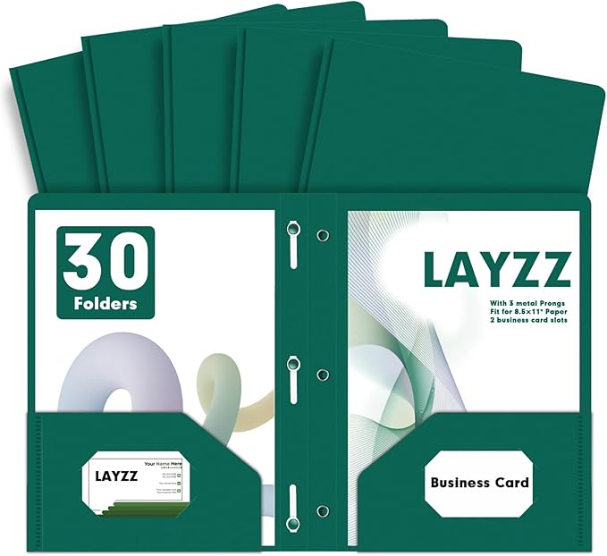 Plastic 2 Pocket Folders with Prongs, 30 Pack, Heavyweight, Letter Size Poly Folders with 3 Metal Prongs Fastener Clips (Green)