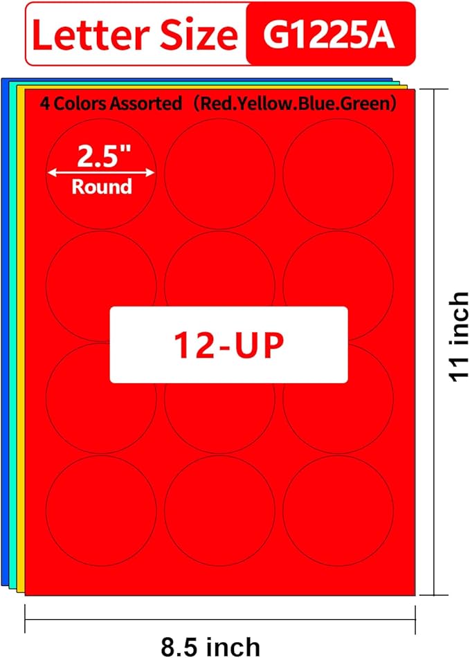 2.5 Inch Colored Round Labels,4 Colors Assorted(Red,Yellow,Blue,Green),20 Sheets,240 Tags in Total,Color Coding Labels for Laser/Inkjet Printers,2.5" Colorful Dot Stickers,Letter Size