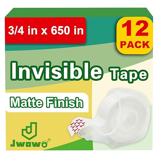 Invisible Tape with Dispenser, Home Office Supplies and Back to School Supplies for College and Classrooms, Matte Finish, 3/4 in x 650 in, 12 Pack