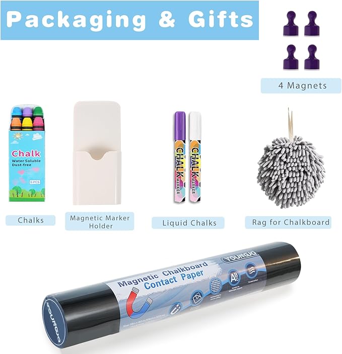 Magnetic Chalkboard Contact Paper for Wall 48" x 24" Self Adhesive Blackboard Wallpaper Peel and Stick Chalk Board Wall Decal Roll with 14 Chalk for Kids Home Playroom Classroom