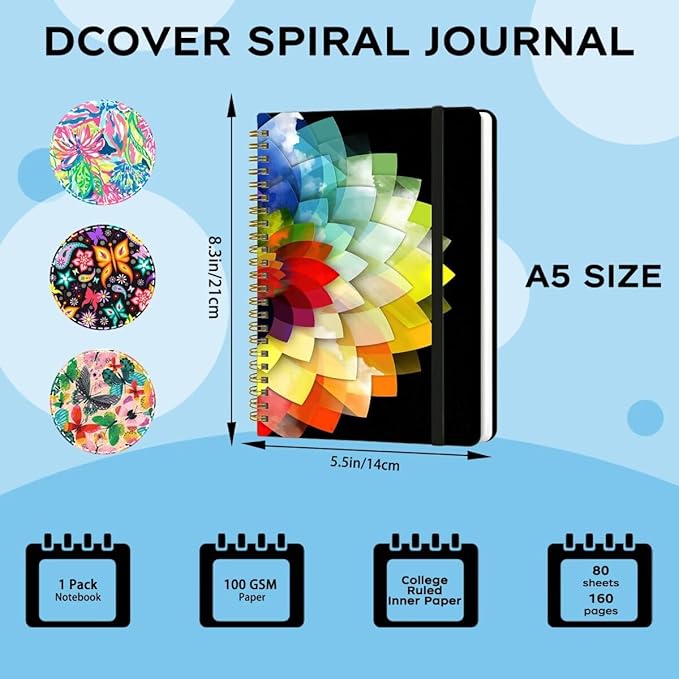 Spiral Notebook - A5 Spiral Notebooks, 8.3'' × 5.8'', 160 Pages, Aesthetic Journaling Notebooks for Women, College Lined Notebook with Elastic Closure, Back Pocket, for School Office, Half Flower