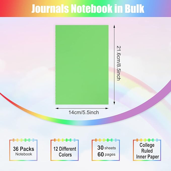 EOOUT 36pcs 12 Colors Journals Notebooks in Bulk, Ruled Lined Journals for Writing, 5.5" X 8.5", 60 Pages, for Kids, Office School Supplies, Gifts